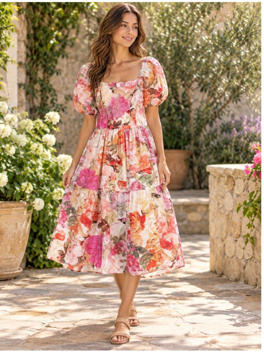 Vince Camuto Floral Puff Sleeve Midi Dress Cottagecore Romantic Size Medium